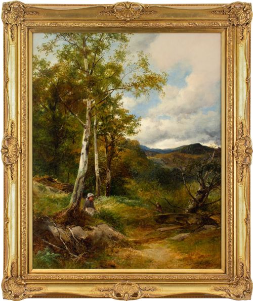 David Bates, Forest View with Distant Peaks, North Wales - Antique Oil Painting