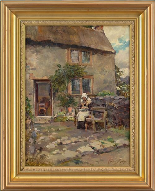 Henry Gillard Glindoni Rba Arws, the Cottage Garden - Antique Oil Painting