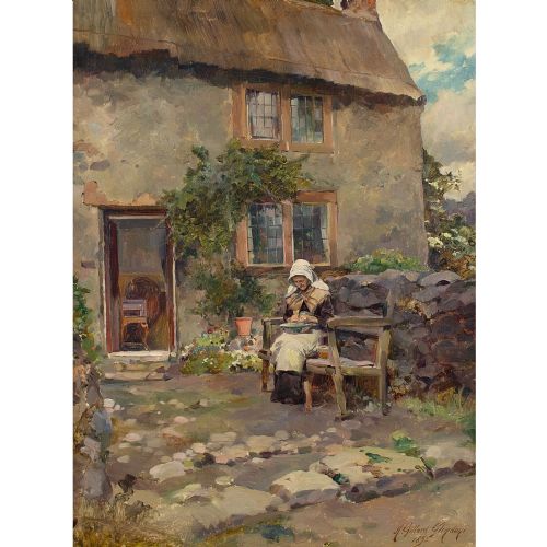 fig 1. Henry Gillard Glindoni RBA ARWS, The Cottage Garden - Antique Oil Painting