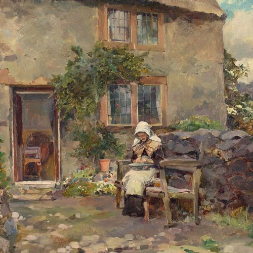 fig 4. Henry Gillard Glindoni RBA ARWS, The Cottage Garden - Antique Oil Painting