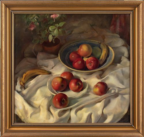 Petr Matýsek, Still Life with Apples & Bananas - Antique Oil Painting