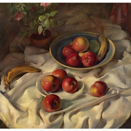 fig 1. Petr Matýsek, Still Life With Apples & Bananas - Antique Oil Painting