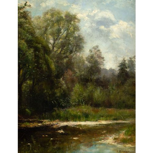 fig 3. August Kraus, Landscape With Pond - Antique Oil Painting