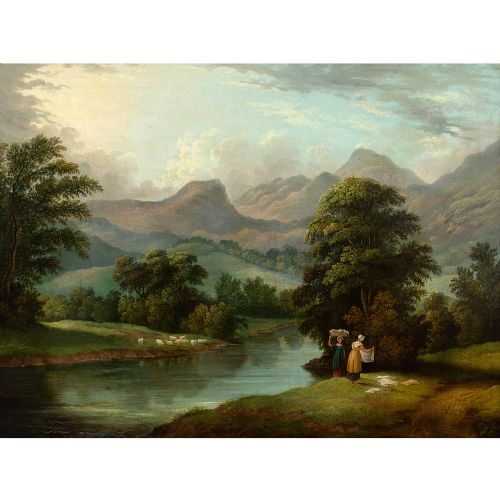 fig 1. Early 19th-Century British School, River Landscape With Women Washing Laundry - Antique Oil Painting