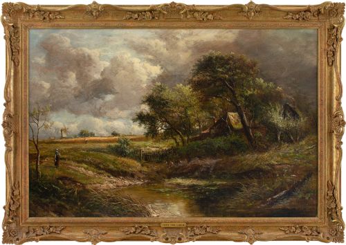 Joseph Thors, Rustic Scene with Cottage & Pond - Antique Oil Painting
