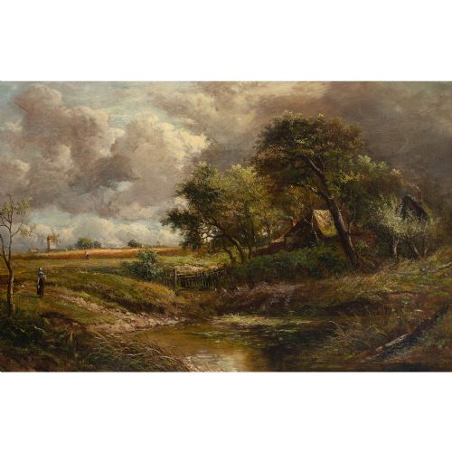 fig 1. Joseph Thors, Rustic Scene With Cottage & Pond - Antique Oil Painting