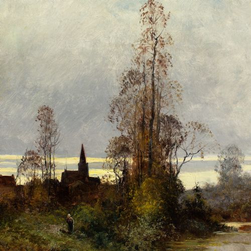 fig 1. Everhardus Koster, Landscape With Lake & Church - Antique Oil Painting
