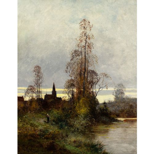 fig 2. Everhardus Koster, Landscape With Lake & Church - Antique Oil Painting