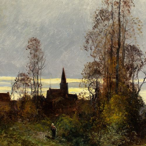 fig 3. Everhardus Koster, Landscape With Lake & Church - Antique Oil Painting