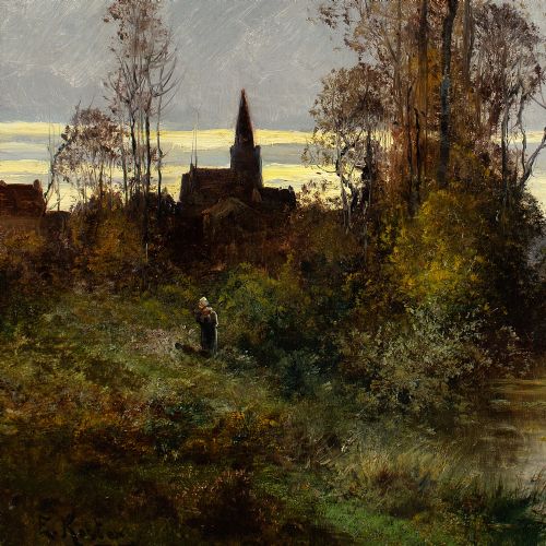 fig 4. Everhardus Koster, Landscape With Lake & Church - Antique Oil Painting