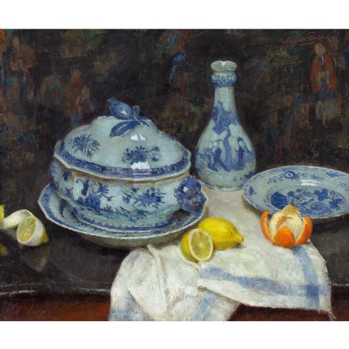 fig 1. Jef Van De Fackere, Still Life With Ceramics, Lemons & Orange - Oil Painting
