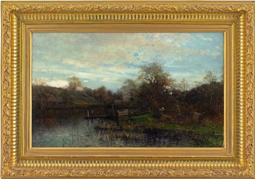 Victor Forssell, River Landscape with Cottages - Antique Oil Painting