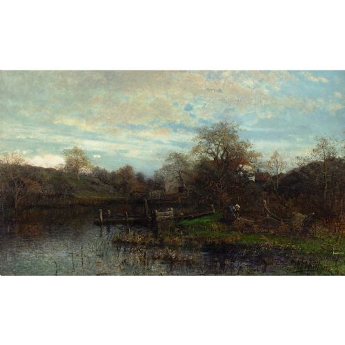 fig 2. Victor Forssell, River Landscape With Cottages - Antique Oil Painting 