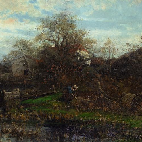 fig 4. Victor Forssell, River Landscape With Cottages - Antique Oil Painting 
