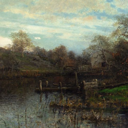 fig 5. Victor Forssell, River Landscape With Cottages - Antique Oil Painting 