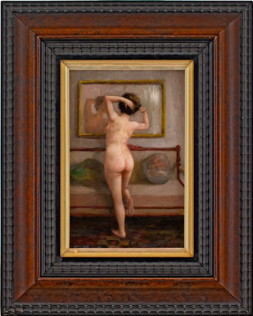 Early 20th-century German School, Interior with Nude & Mirror - Oil Painting