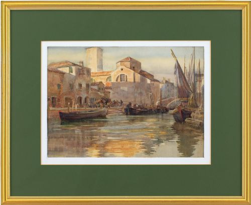 Early 20th-century English School, Venetian Canal Scene with Sailboats - Watercolour