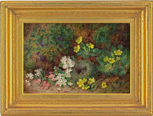 George Clare, Still Life with Primroses, Bird’s Nest & Mossy Bank - Antique Oil Painting