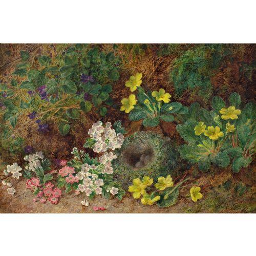 fig 1. George Clare, Still Life With Primroses, Bird’s Nest & Mossy Bank - Antique Oil Painting
