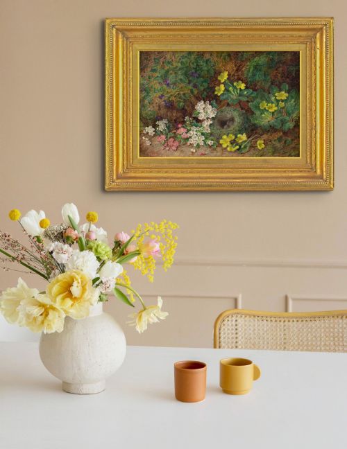 fig 2. George Clare, Still Life With Primroses, Bird’s Nest & Mossy Bank - Antique Oil Painting