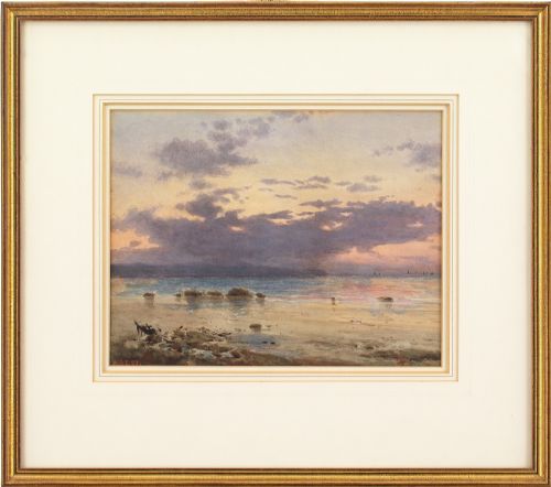 William Stephen Coleman, Coastal Landscape with Sunset - Antique Watercolour