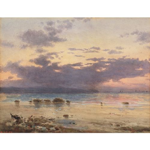 fig 1. William Stephen Coleman, Coastal Landscape With Sunset - Antique Watercolour