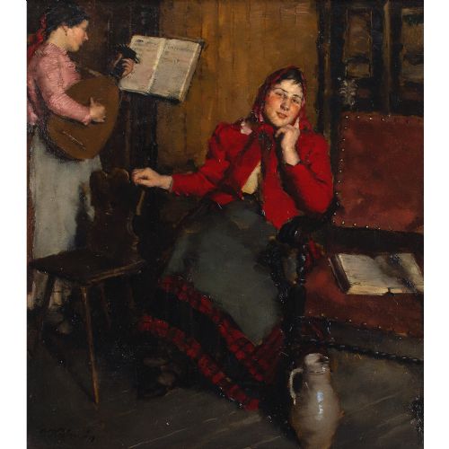 fig 1. Peter Kálmán, The Music Lesson - Antique Oil Painting