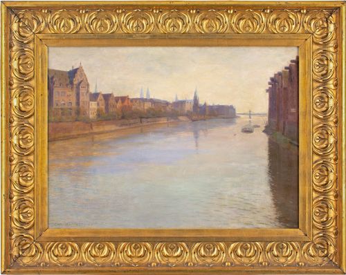 Christian Asmussen, European Cityscape with River - Antique Oil Painting
