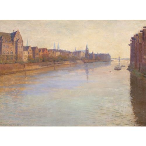 fig 1. Christian Asmussen, European Cityscape With River - Antique Oil Painting