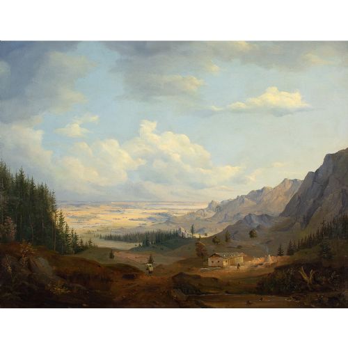 fig 1. Max Josef Wagenbauer (School), Alpine Landscape With Cabin - Antique Oil Painting