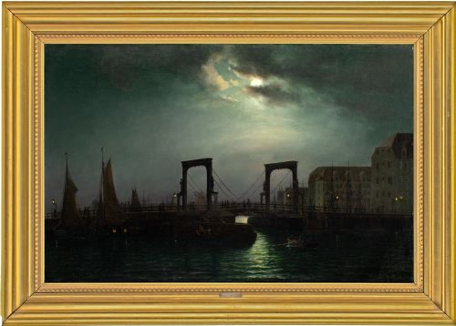 Carl Bille, Evening Near the Old Knippelsbro in Copenhagen - Antique Oil Painting