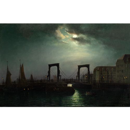 fig 1. Carl Bille, Evening Near The Old Knippelsbro In Copenhagen - Antique Oil Painting 
