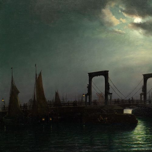 fig 4. Carl Bille, Evening Near The Old Knippelsbro In Copenhagen - Antique Oil Painting 