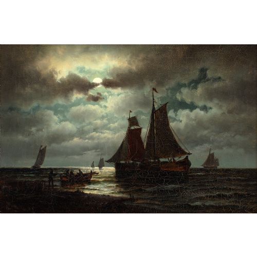 fig 1. Carl Bille, Coastal Nocturne With Sailboats - Antique Oil Painting