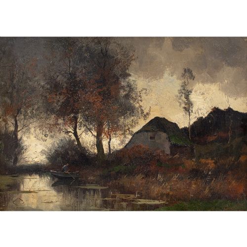 fig 1. Early 20th-Century, River Landscape With Cottage - Oil Painting