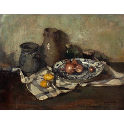 fig 3. Jan Van Looy, Still Life With Ceramics, Onions & Lemons - Oil Painting