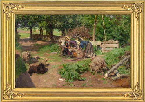Viggo Pedersen, Sheep Shearing - Antique Oil Painting