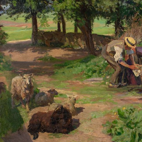 fig 2. Viggo Pedersen, Sheep Shearing - Antique Oil Painting
