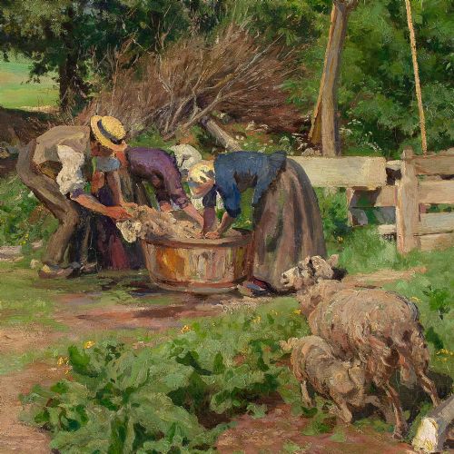 fig 3. Viggo Pedersen, Sheep Shearing - Antique Oil Painting