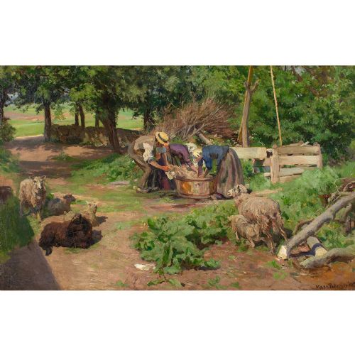 fig 5. Viggo Pedersen, Sheep Shearing - Antique Oil Painting