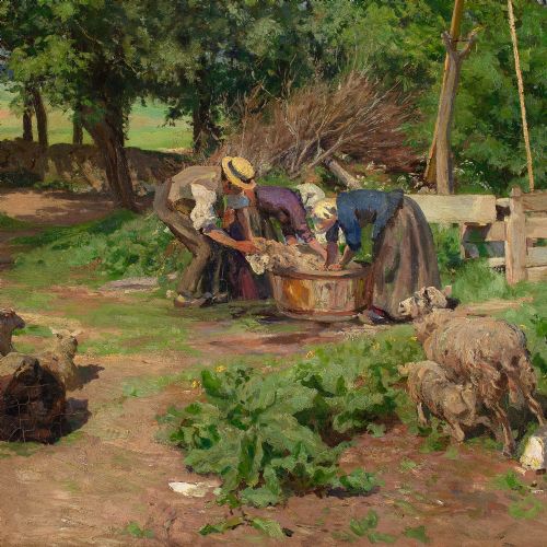 fig 6. Viggo Pedersen, Sheep Shearing - Antique Oil Painting
