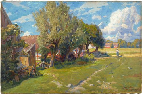 Justus Lundegård, Landscape with Farm - Antique Oil Painting