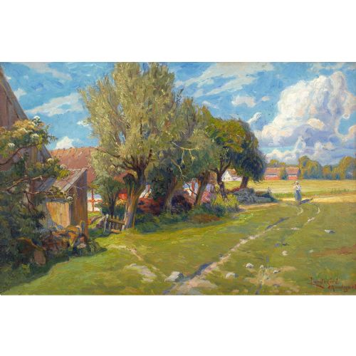 fig 2. Justus Lundegård, Landscape With Farm - Antique Oil Painting