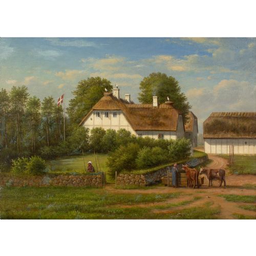 fig 1. Christian Berthelsen, Village Landscape With Thatched Cottage & Storks - Antique Oil Painting 