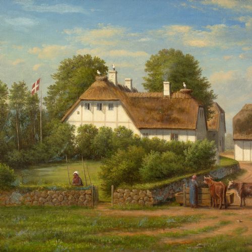 fig 4. Christian Berthelsen, Village Landscape With Thatched Cottage & Storks - Antique Oil Painting 