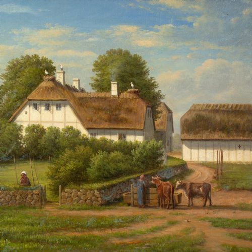 fig 5. Christian Berthelsen, Village Landscape With Thatched Cottage & Storks - Antique Oil Painting 