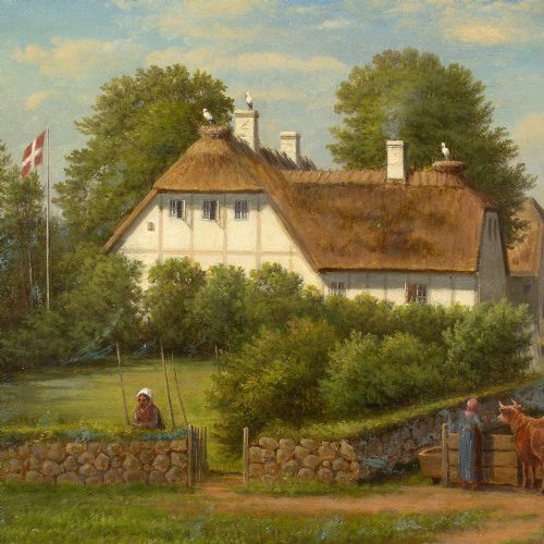 fig 6. Christian Berthelsen, Village Landscape With Thatched Cottage & Storks - Antique Oil Painting 