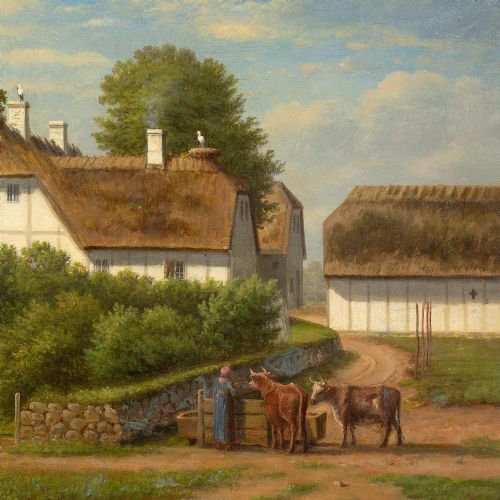 fig 7. Christian Berthelsen, Village Landscape With Thatched Cottage & Storks - Antique Oil Painting 