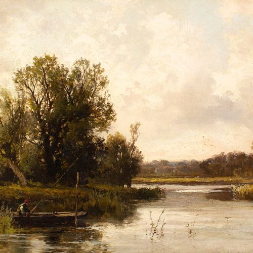 fig 1. John Horace Hooper, River Landscape With Angler - Antique Oil Painting