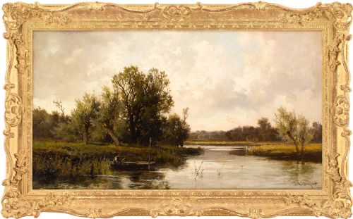 John Horace Hooper, River Landscape with Angler - Antique Oil Painting